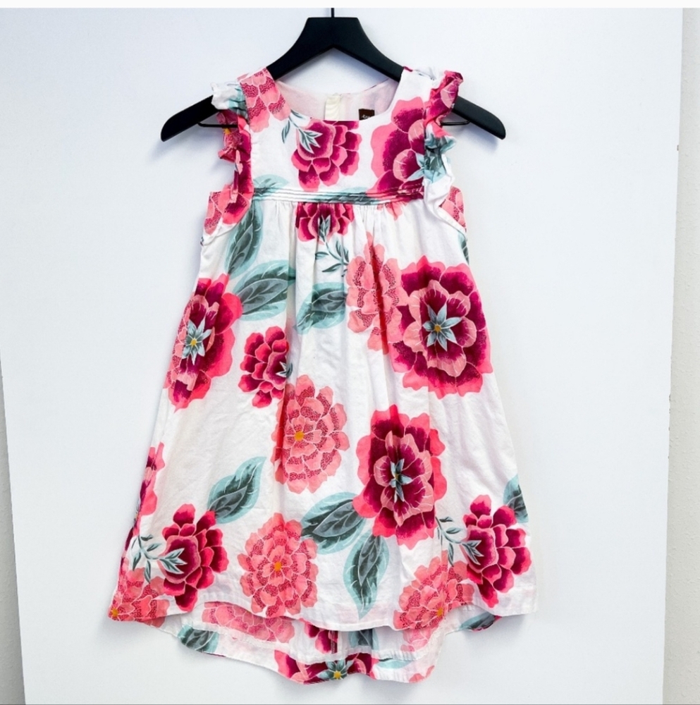 Tea Collection | Floral A-Line Lined Dress Ruffle Sleeves White Pink | 8 Girls